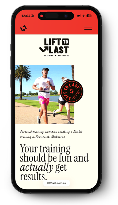 Mobile phone displaying the Lift to Last training app with a logo, a photo of runners in a park, and promotional text about personal training in Melbourne.