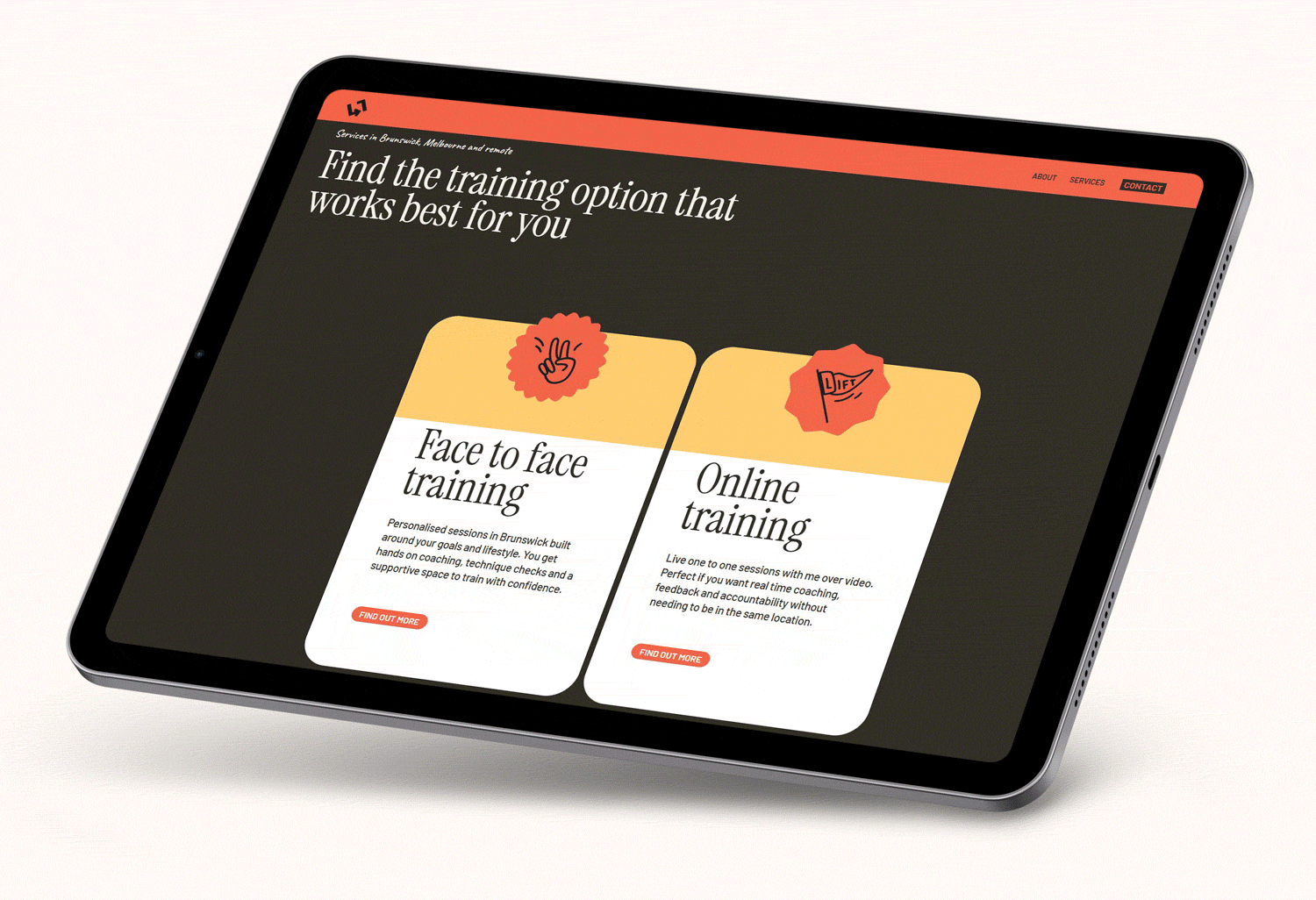 Tablet screen displaying options for face-to-face and online training sessions with descriptions and buttons to find out more.