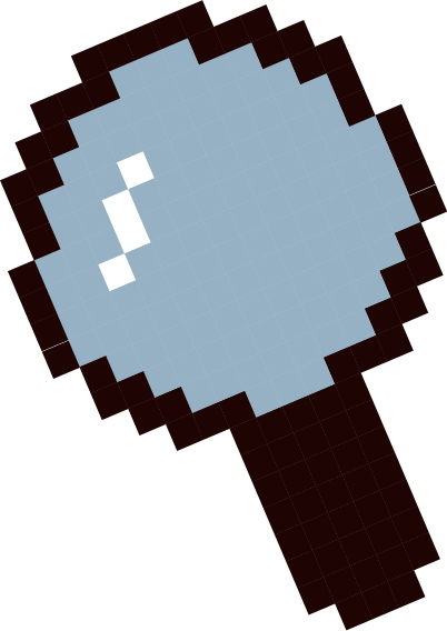 Pixelated magnifying glass with a light blue lens and a dark handle on a black background.