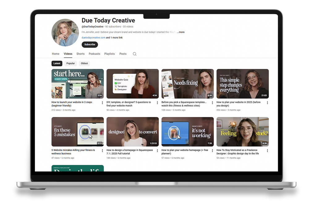 Laptop screen displaying the YouTube channel 'Due Today Creative' with videos related to website design, templates, and tips, featuring a woman in thumbnails.