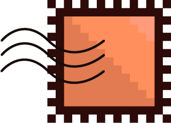 A postage stamp with a simple orange square design and black cancellation marks.