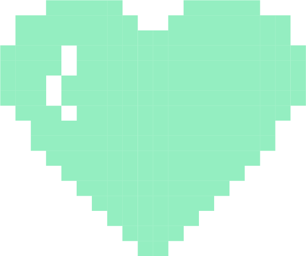 A pixelated, mint green heart with a white reflection and a black background.