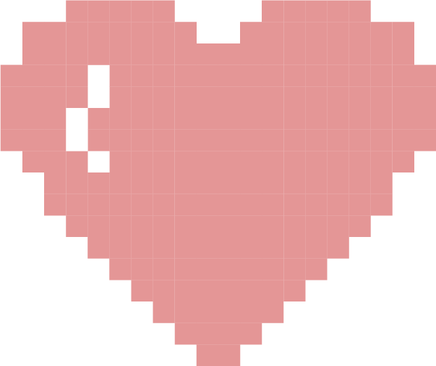 A large pixelated pink heart with a white highlight on the top left side.