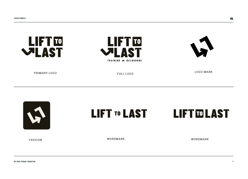 Design mockup displaying different logo variations for 'Lift to Last,' including primary logo, full logo, logo mark, favicon, and wordmark, arranged on a white background with black text and graphics.