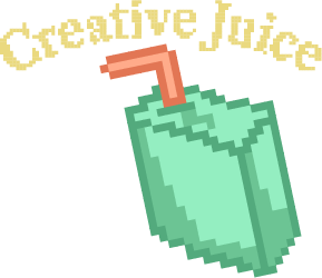 Pixelated image of a green juice box with a pink straw, with the phrase 'Creative Juice' curved above it.