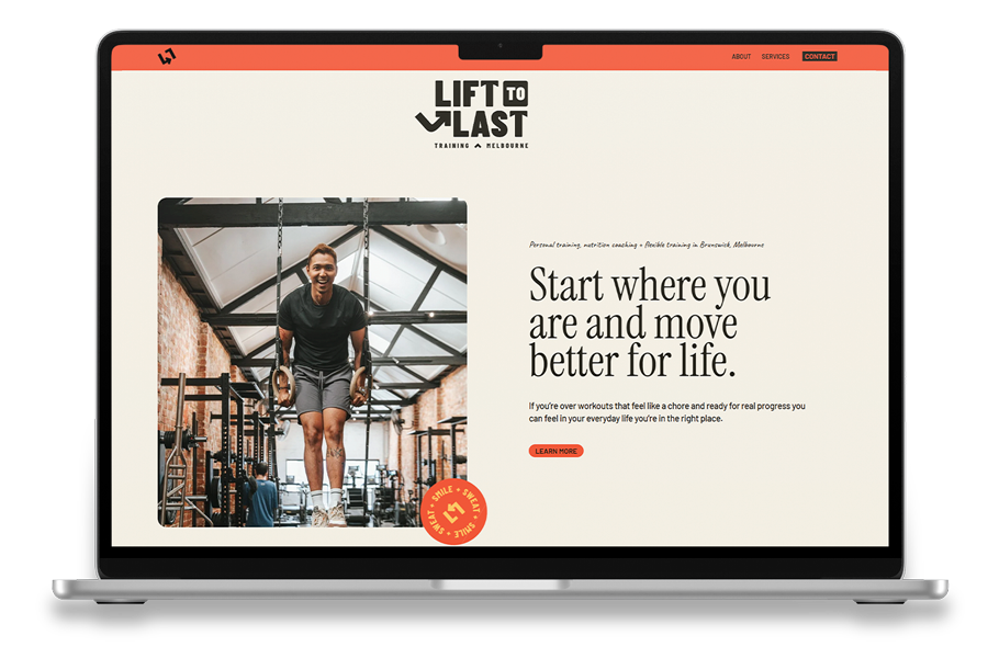 Webpage homepage for Lift to Last gym in Melbourne featuring a man doing rope exercises in a gym, with the headline 'Start where you are and move better for life.'