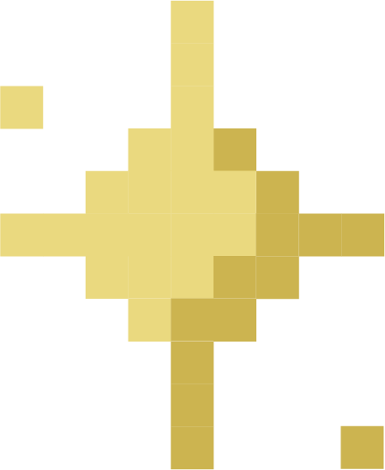 Pixelated depiction of a gold or yellow object on a black background, resembling an abstract design or symbol.