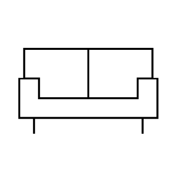 Icône de canapé stylisée, dessinée avec des lignes noires sur fond blanc.