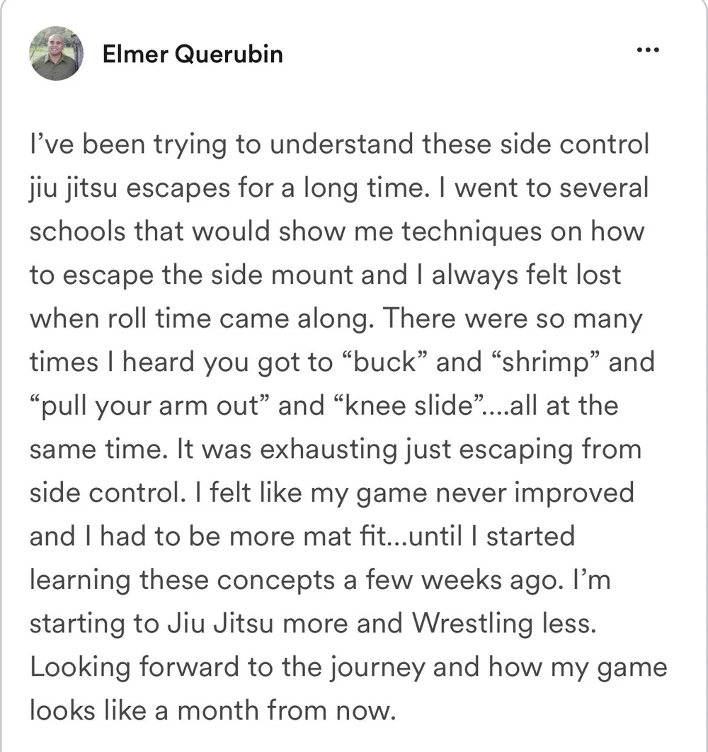 Student success story with side control challenge