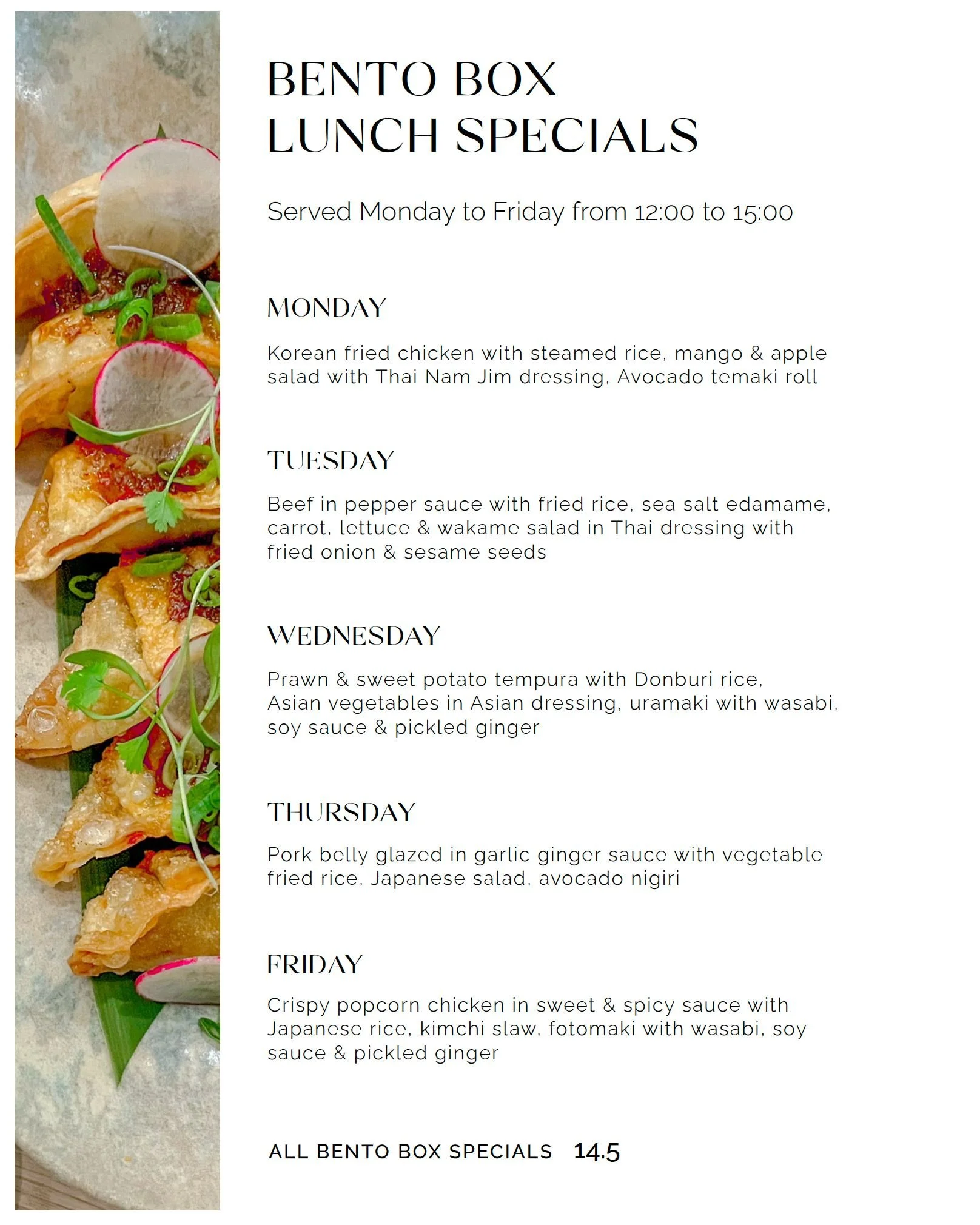 🍱 Bento Box Lunch Specials at Izakaya | Mon–Fri, 12–3PM 🥢
Looking for the perfect midday balance of flavour, freshness, and variety?
Join us at Izakaya for our signature bento box lunch specials, served Monday to Friday from 12:00&ndas