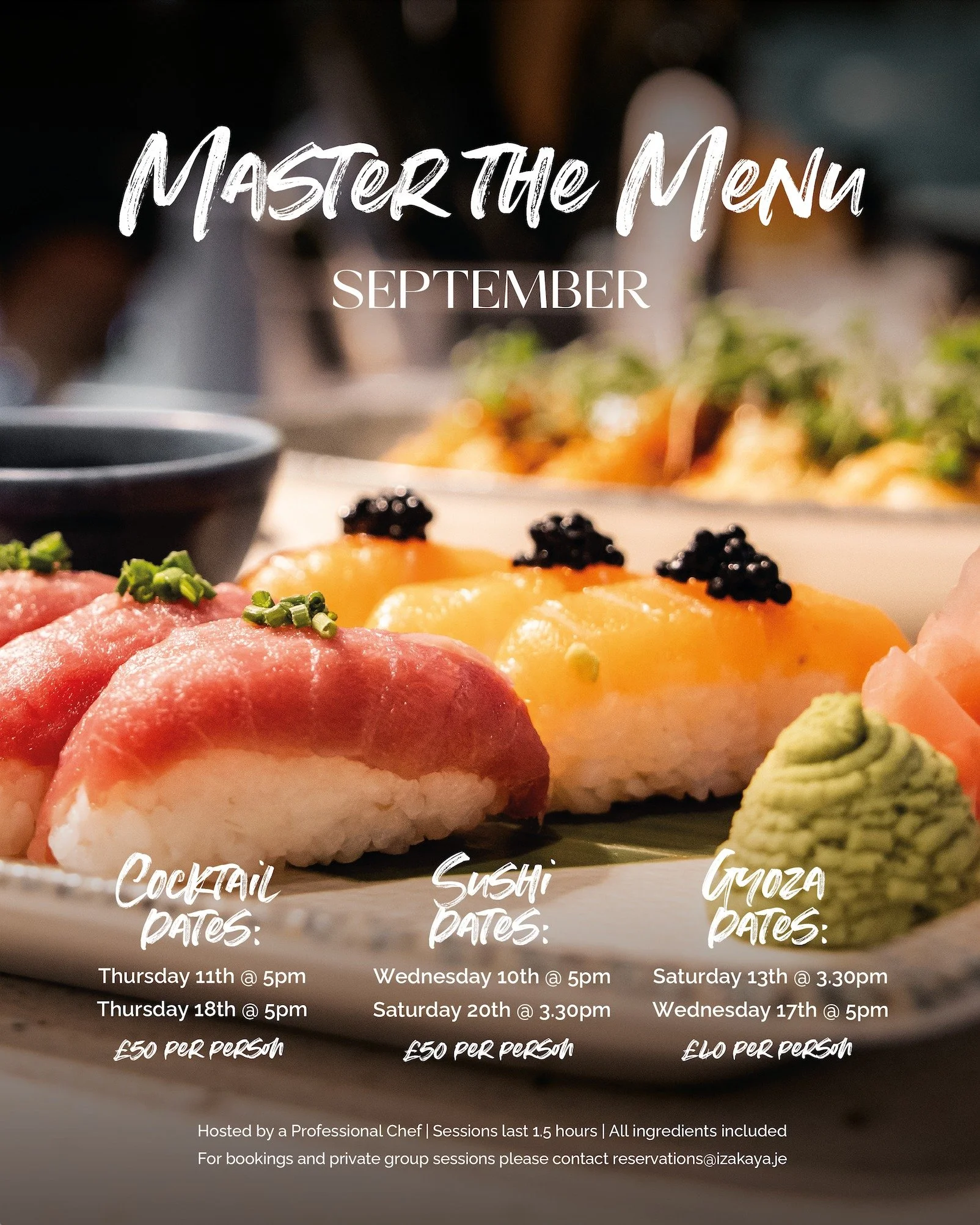 🍣 Master the Menu at Izakaya – Back for a Second Month! 🍱
Loved in August, back this September! Join our hands-on Sushi & Gyoza Masterclasses and now… our brand-new Cocktail Masterclasses 🍸 Learn from the best, taste as you go, a