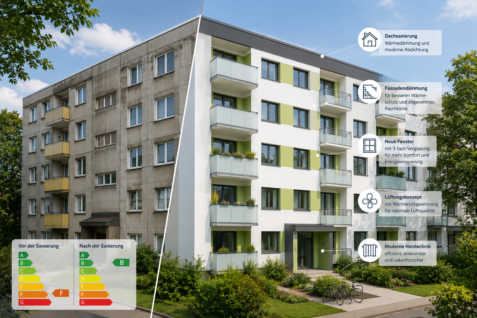 Mehrfamilienhaus vor und nach der energetischen Sanierung mit gedämmter Fassade, neuem Dach, Fenstern, Lüftung und moderner Heiztechnik.