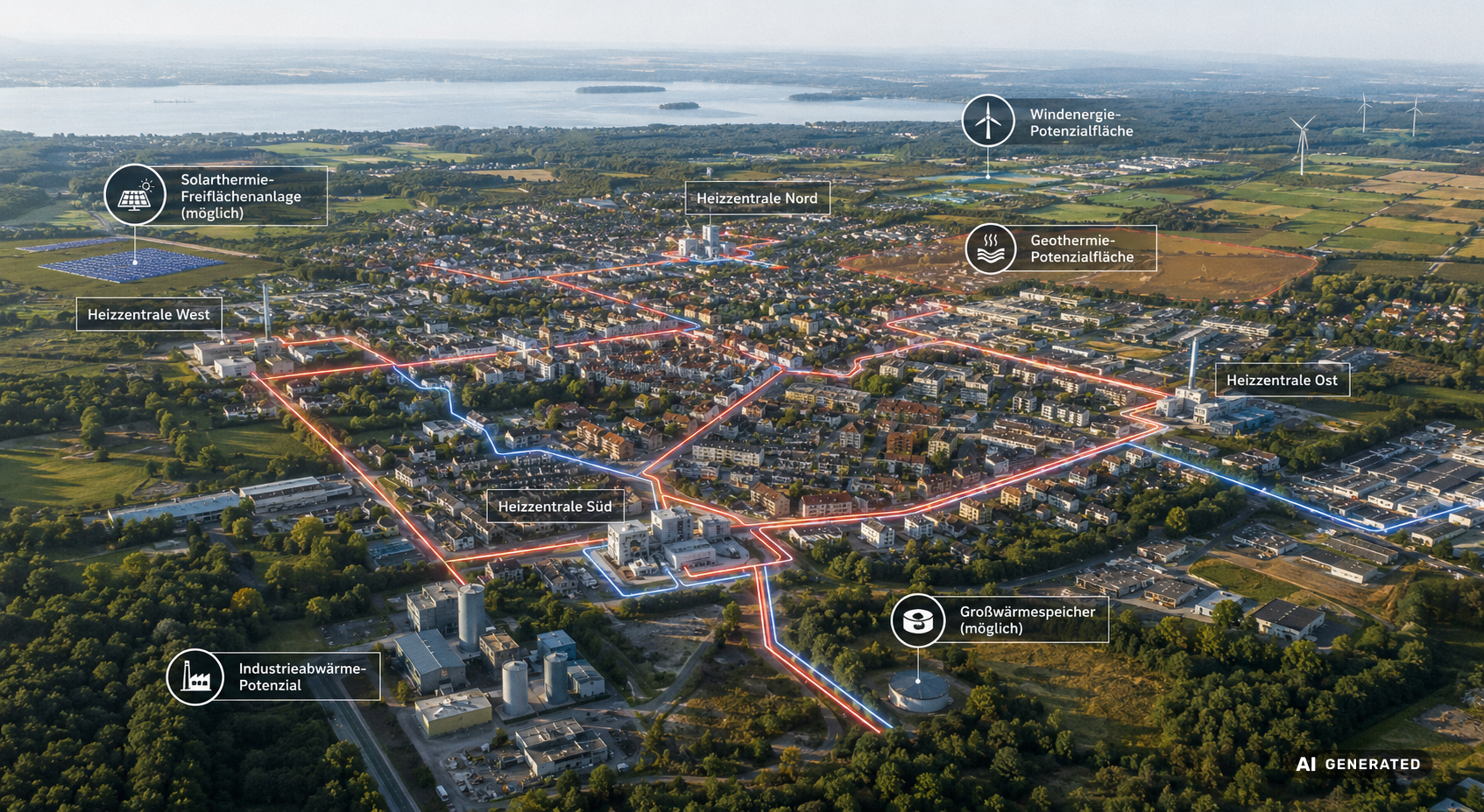 KI-generiert: Luftbild eines städtischen Wärmenetzes mit mehreren Heizzentralen sowie Potenzialflächen für Solarthermie, Geothermie, Windenergie, Abwärme und Wärmespeicher.