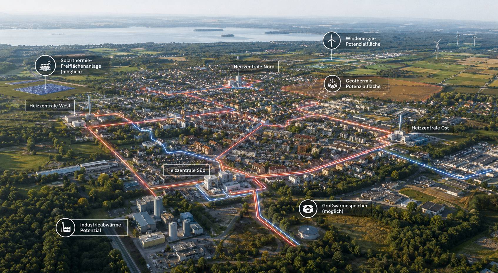Luftbild eines städtischen Wärmenetzes mit mehreren Heizzentralen sowie Potenzialflächen für Solarthermie, Geothermie, Windenergie, Abwärme und Wärmespeicher.