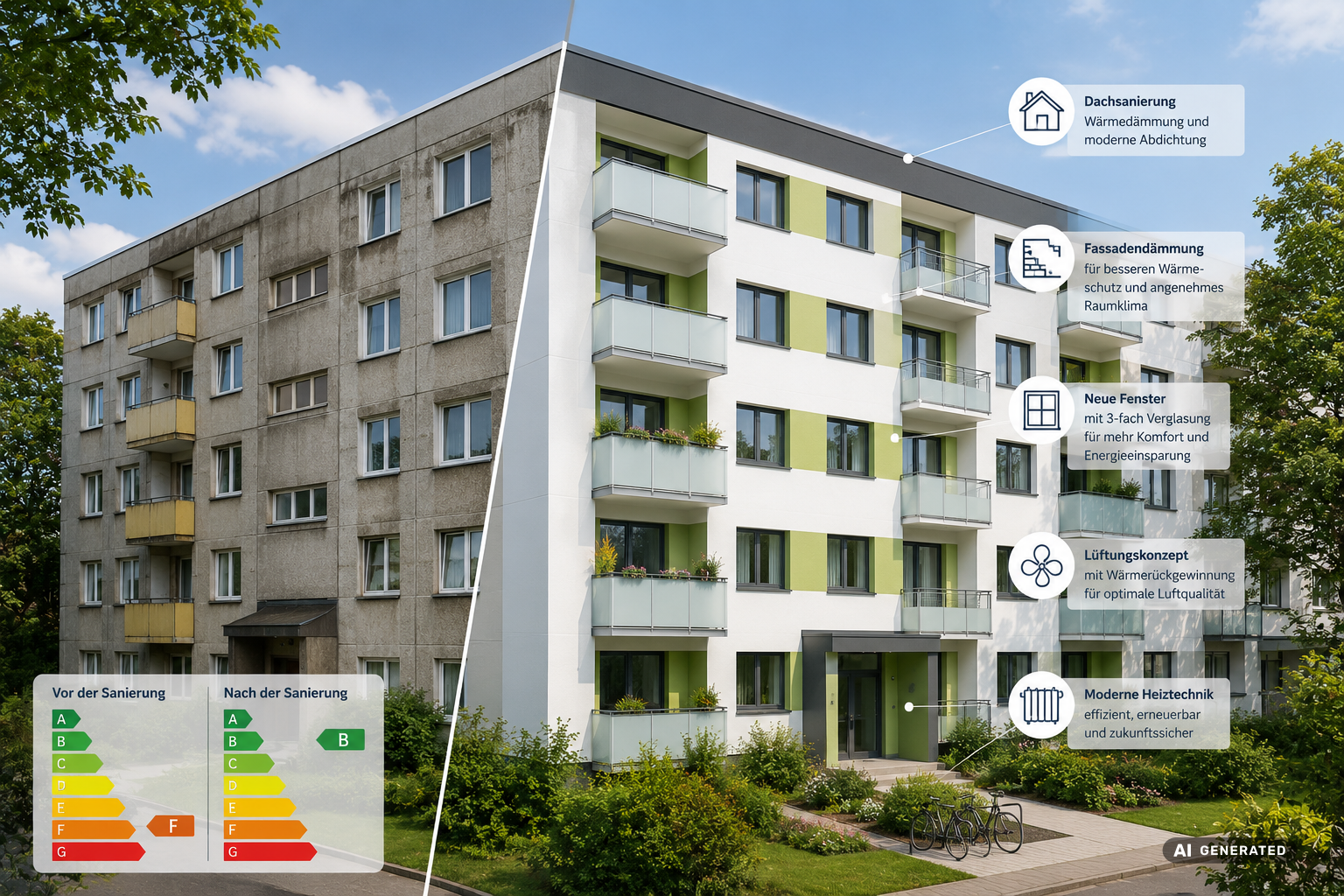 KI-generiert: Mehrfamilienhaus vor und nach der energetischen Sanierung mit gedämmter Fassade, neuem Dach, Fenstern, Lüftung und moderner Heiztechnik.