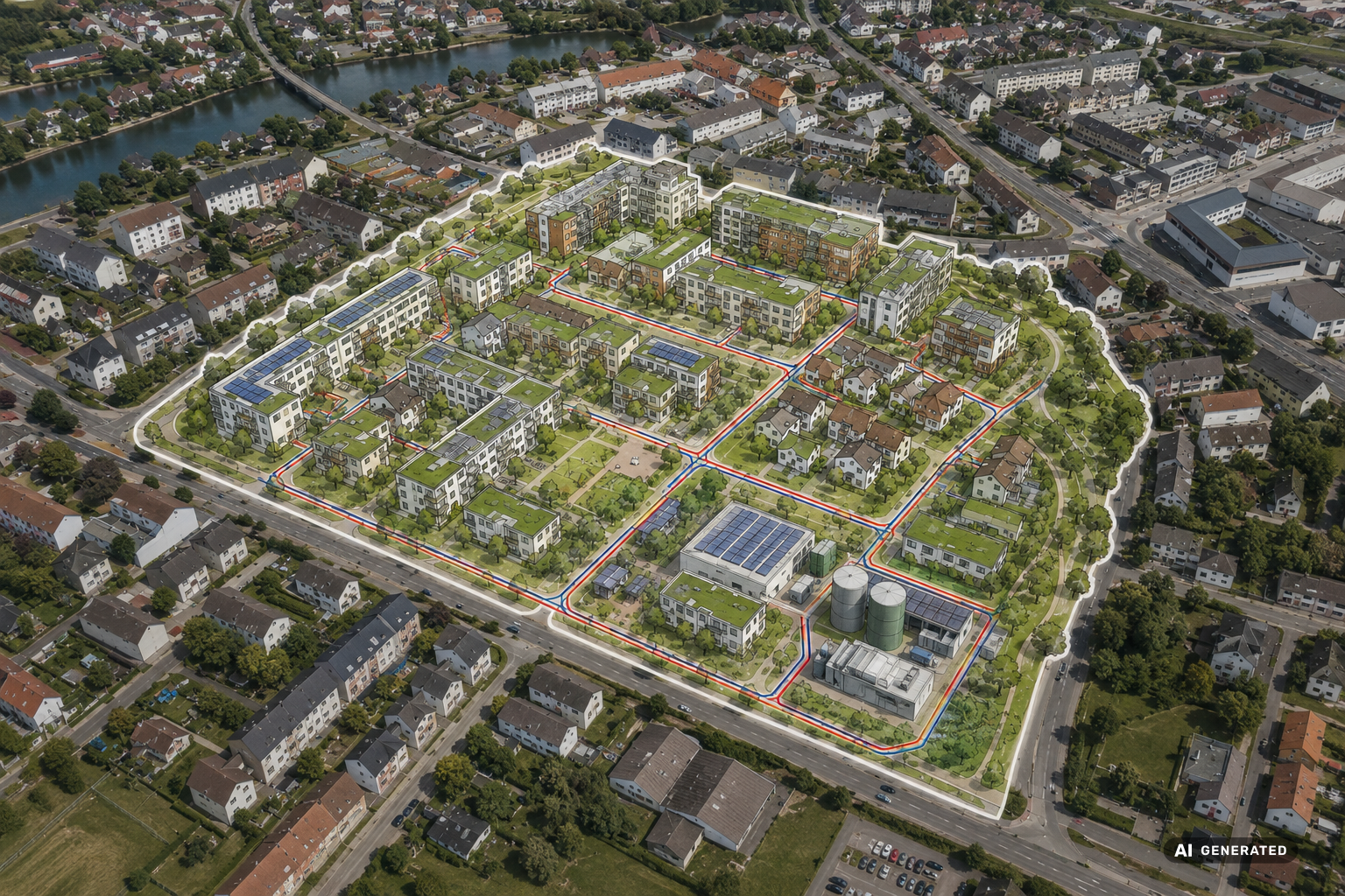 KI-generiert: Luftbild eines abgegrenzten Wohnquartiers mit Gebäuden, Photovoltaikanlagen, Grünflächen, Heizzentrale und eingezeichnetem Wärmenetz.