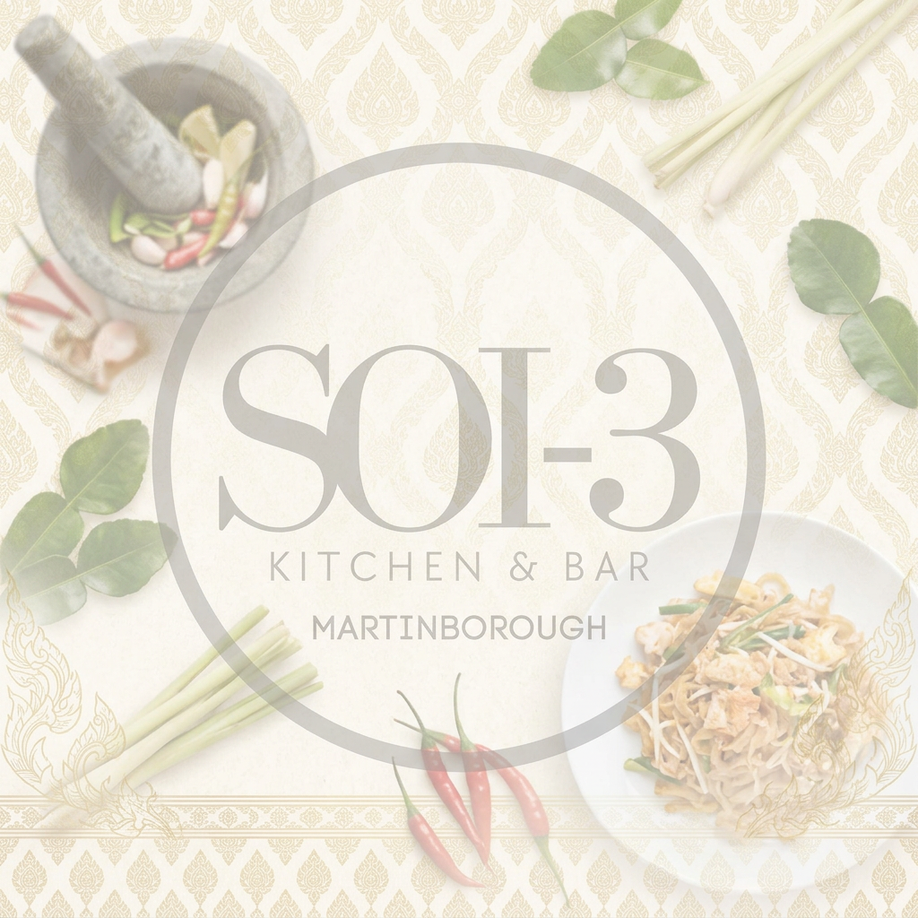 Overlay logo of SO13 Kitchen & Bar in Martinborough, with blurred Asian cuisine ingredients like chili peppers, lemongrass, and herbs in the background.