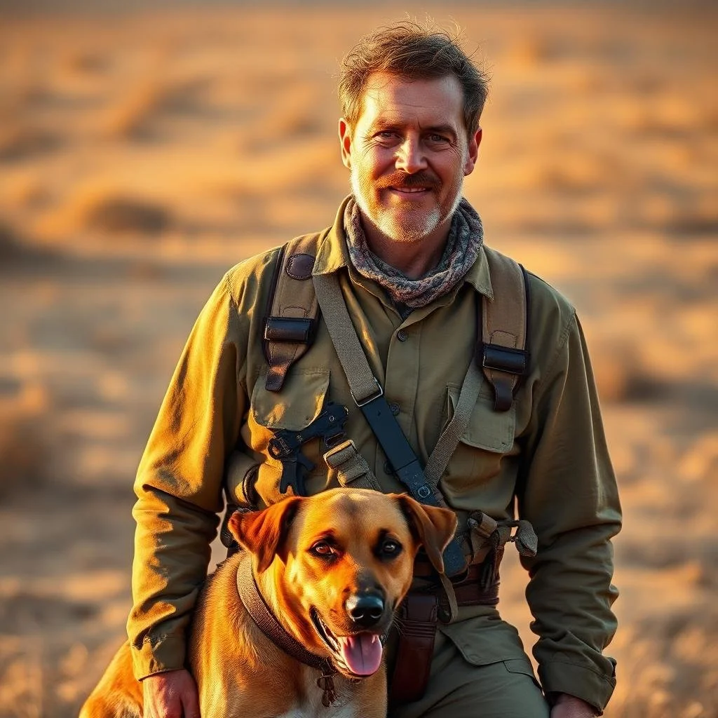 Ein Mann mit grauem Bart, braunen Haaren und einer Jacke steht in einer Wüstenlandschaft. Er trägt einen Rucksack und hat einen Hund an seiner Seite, der lächelt und die Zunge heraushängt, während die Frühsonne den Hintergrund erleuchtet.