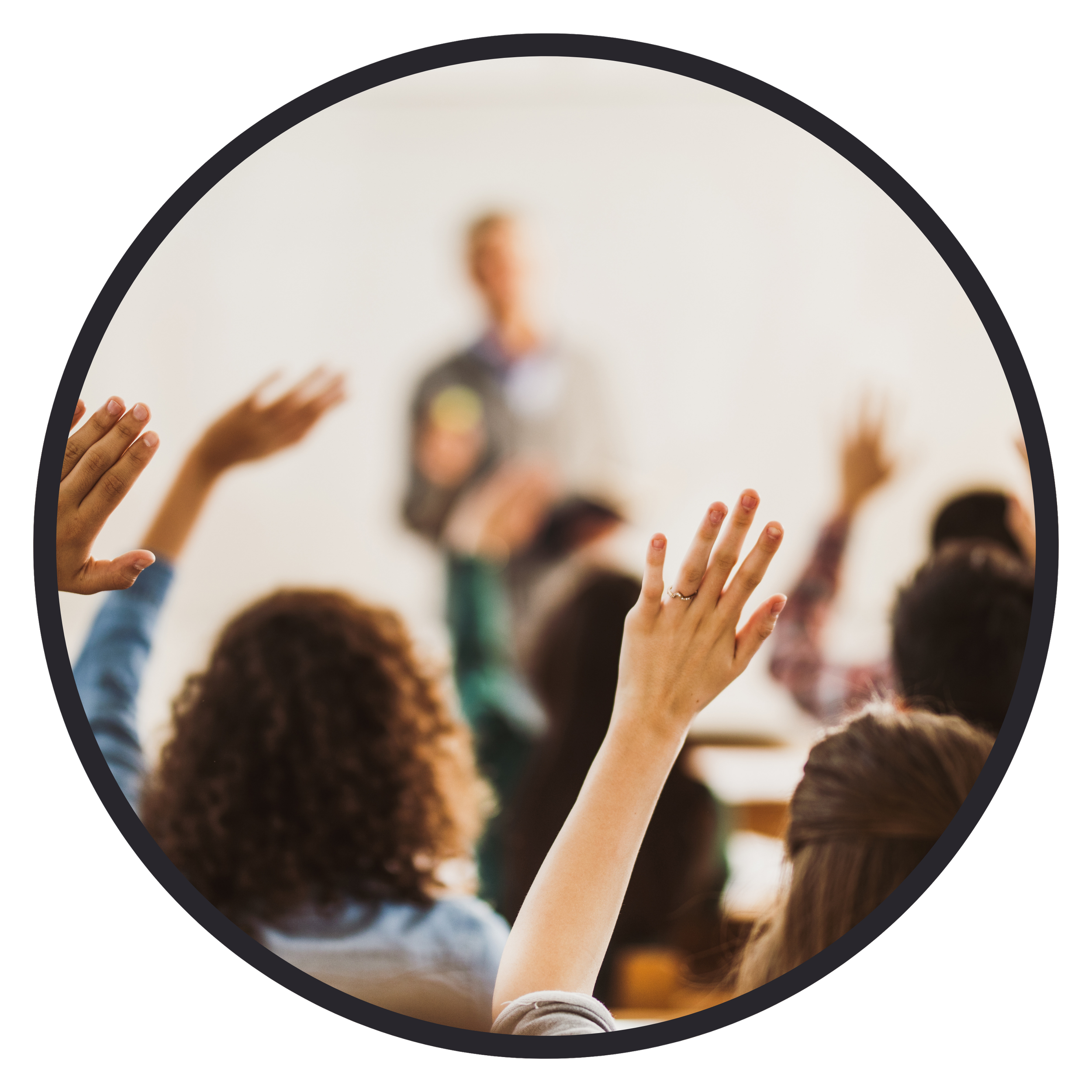 Circular image. Photograph of a room of people with their hands raised, with the photo taken from behind them.