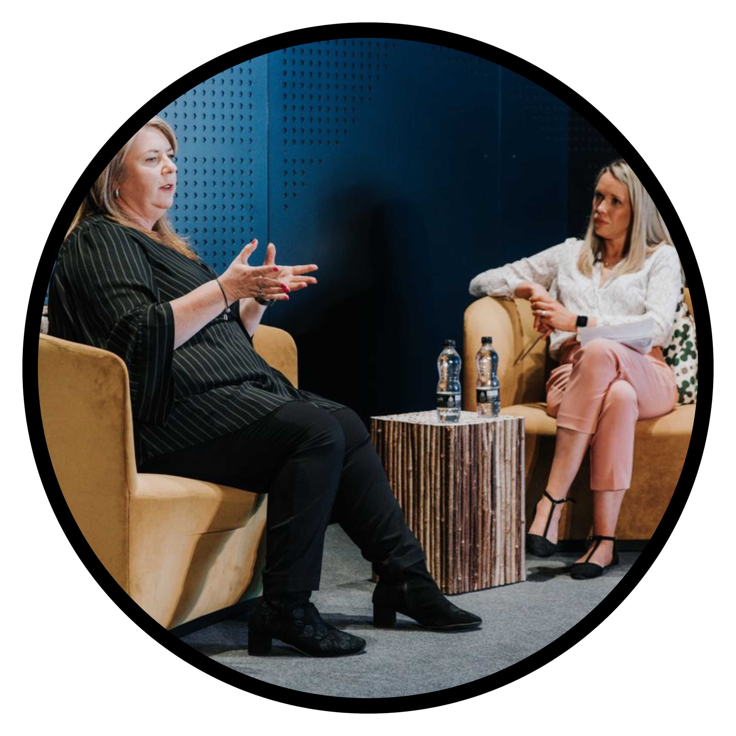 Circular photo of two women talking at a panel discussion