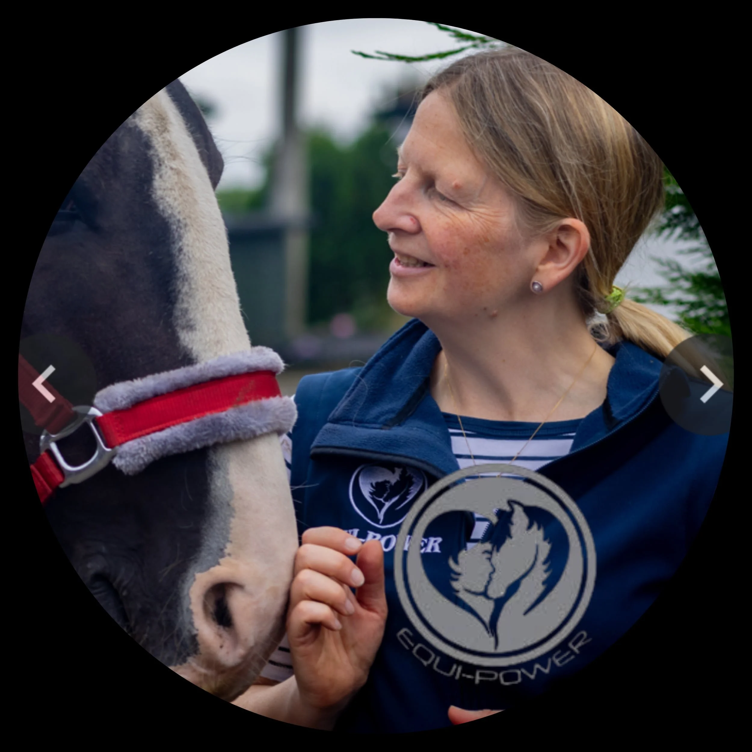 Amanda Namey, a horse, and the Equi-Power logo