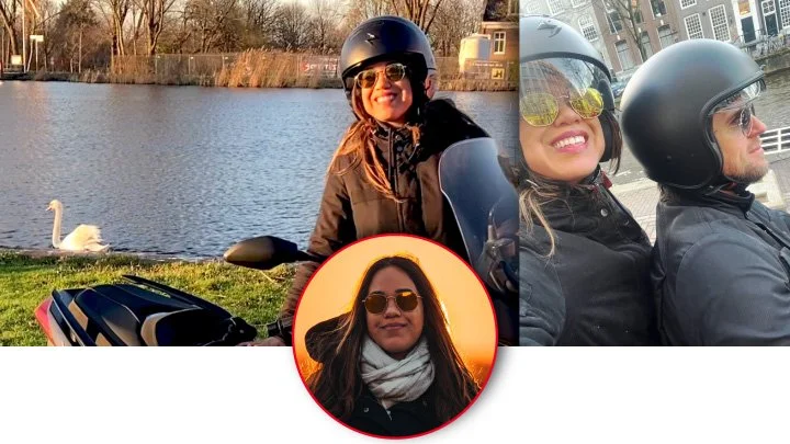 A collage of three photos featuring a woman. In the first, she is sitting on a motorcycle near a body of water with a swan, wearing sunglasses, a helmet, and a black jacket. In the second, she is riding a motorcycle with a man, both wearing helmets and sunglasses, in an urban setting. In the third, she is outdoors at sunset wearing sunglasses and a scarf.
