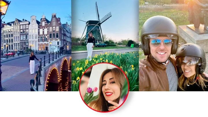 Collage of four images: a woman standing on a European-style canal street at night, a woman standing in front of a windmill with yellow flowers, close-up of a smiling woman with pink tulips, and a man and woman wearing helmets taking a selfie outdoors.