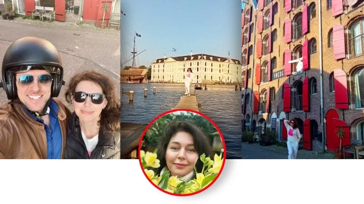 A collage of four photos: a smiling man and woman wearing sunglasses and a helmet in an outdoor urban area, a person standing on a wooden pier by water with a historic building in the background, a woman in front of a building with colorful shutters, and a woman in a pink shirt walking by red and beige buildings. In the center, there's a circular inset of a woman holding yellow flowers and smiling.