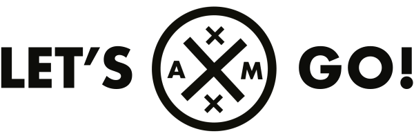 Text reading 'LET'S GO!' with a circular emblem containing crossed hockey sticks and the letters 'A M' in the center.
