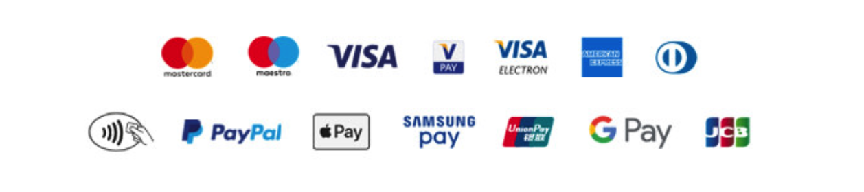 Payment method logos including Mastercard, Maestro, Visa, Visa Pay, Visa Electron, American Express, Diners Club, contactless payment, PayPal, Apple Pay, Samsung Pay, UnionPay, Google Pay, and GCB.