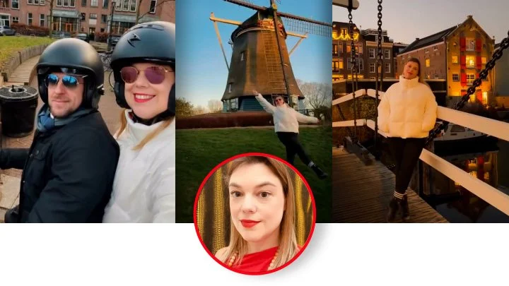 A collage of four images: first, a man and woman wearing helmets and sunglasses on a scooter; second, a woman standing in front of a windmill with arms outstretched; third, a woman posing on a bridge at night with colorful lights reflecting off the water; and a circular inset featuring a woman with straight hair and red lipstick taking a selfie.