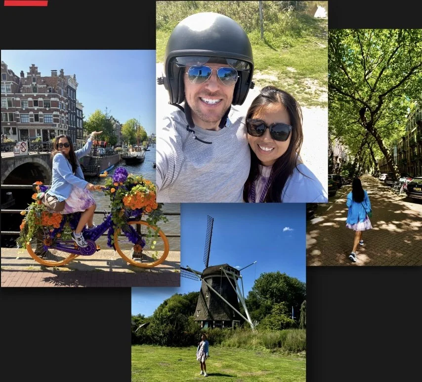happy review of visitor on my moto tour, several location in Amsterdam. hidden gems. traditional Dutch windmill with a person standing in front, and a girl standing near the windmill.
