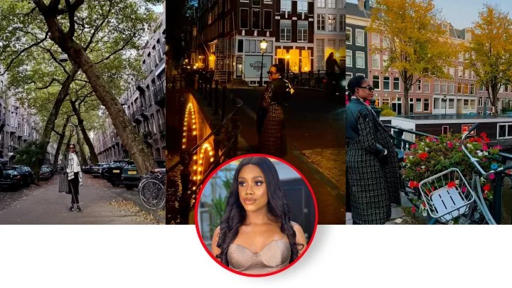 A collage of three urban scenes in Amsterdam with a woman in various settings, and a woman in a beige outfit in a circular frame below.