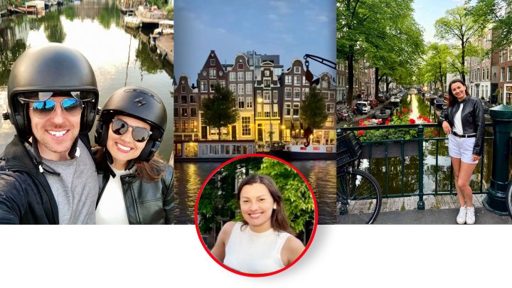 A collage featuring three photos. The first photo shows a smiling man and woman wearing helmets and sunglasses, taking a selfie. The second photo depicts a woman smiling outdoors near a canal and characteristic Dutch-style buildings, with a circular inset showing her portrait. The third photo features a woman smiling on a bridge over a canal, with bicycles and lush green trees in the background.