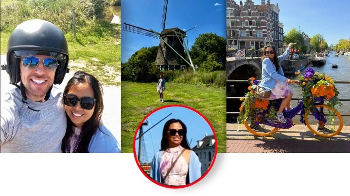 A collage of four photos: two people taking a selfie outdoors with greenery, a windmill in a field, a woman riding a flower-decorated bicycle near canals and historic buildings, and a close-up of a woman in sunglasses with a windmill in the background.