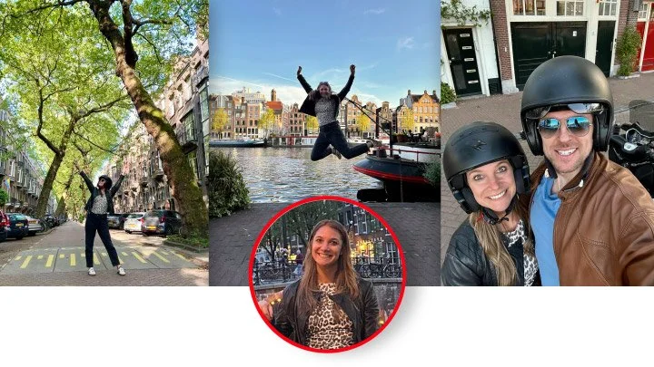 Collage of three photos featuring smiling people: a woman standing under trees on a city street, a woman jumping over water in front of historic buildings, and a couple taking a selfie wearing helmets in an urban area.