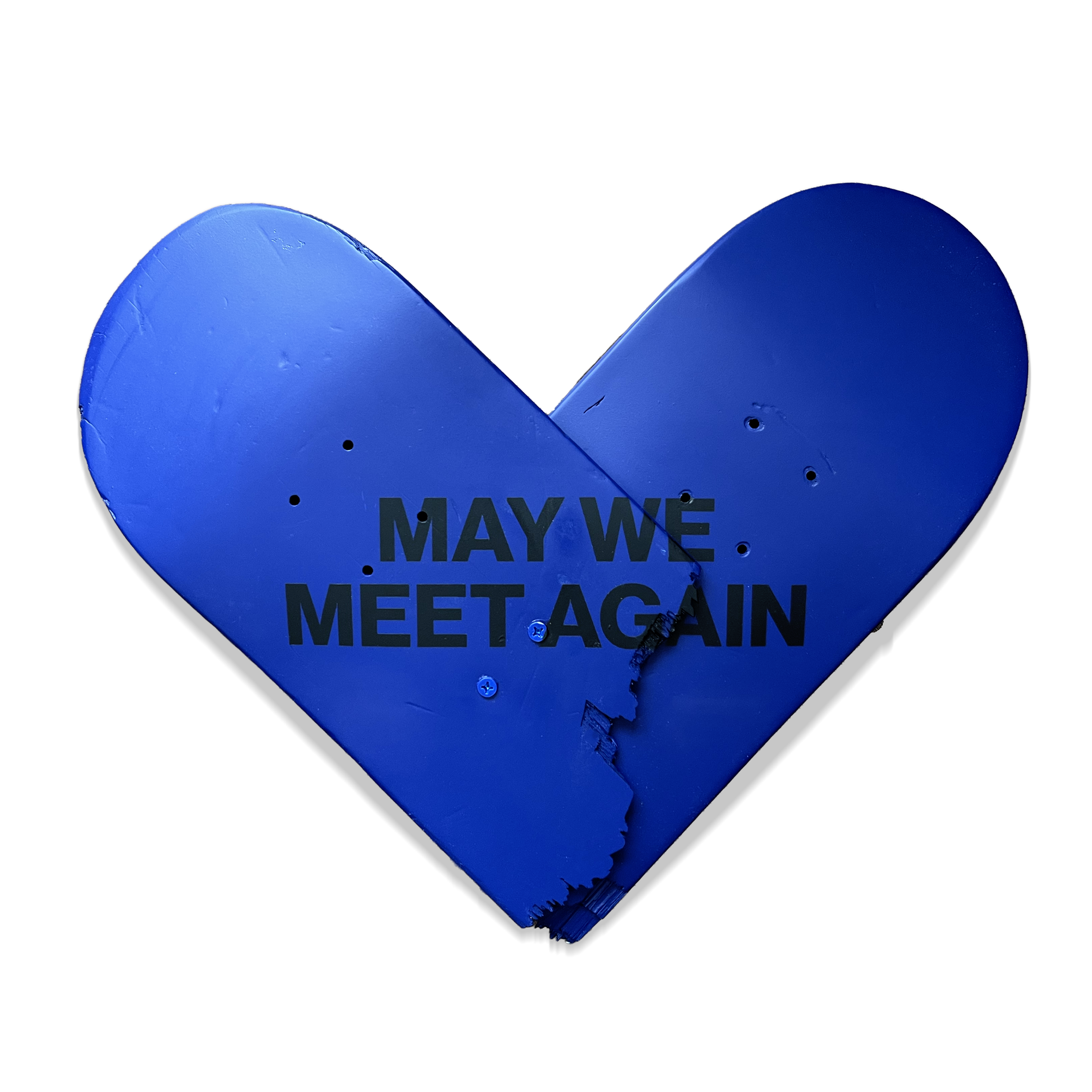 Skatedeck mit dem Text 'MAY WE MEET AGAIN' auf Blauem Hintergrund.