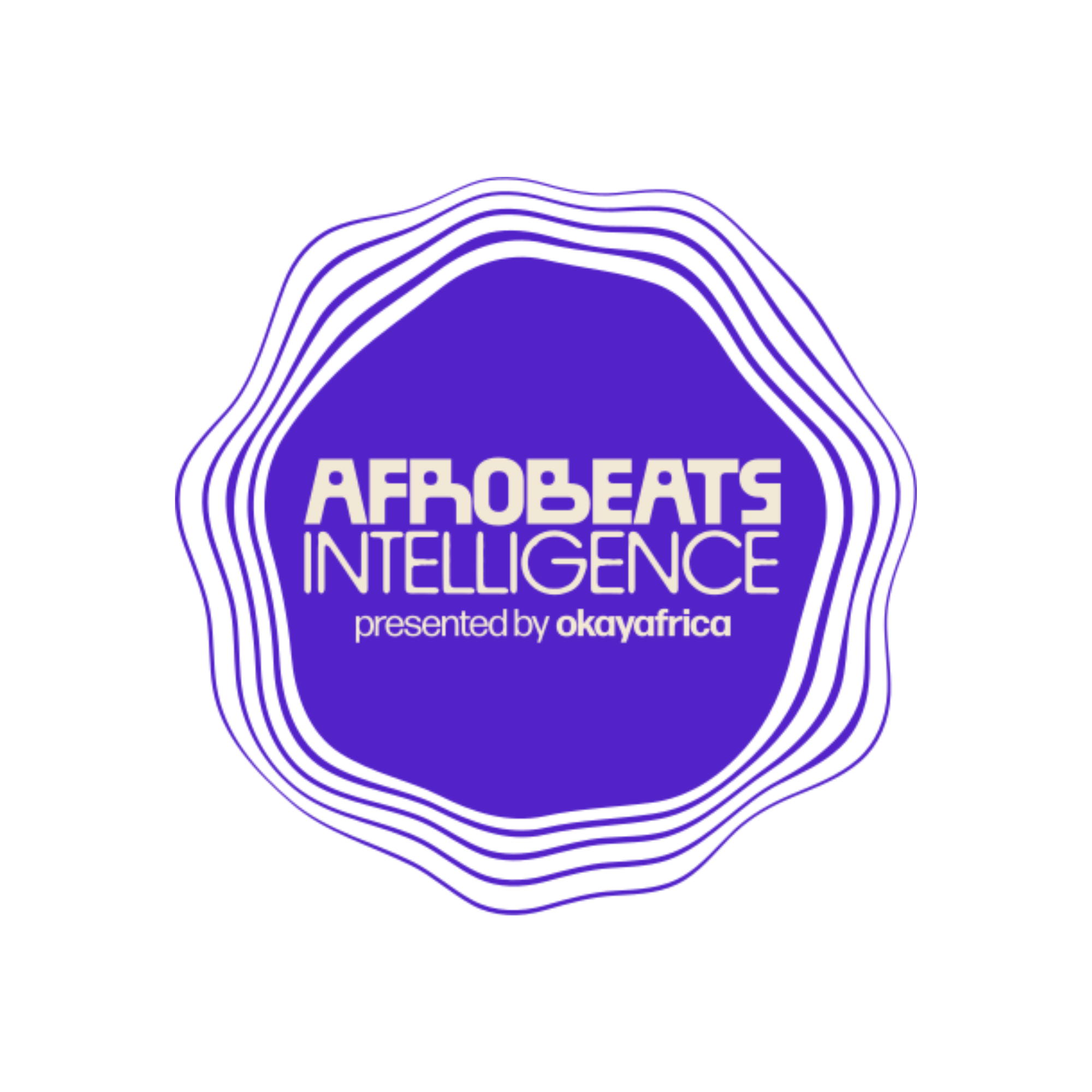 White background with a central blue circular logo containing white text that reads 'AFROBEATS INTELLIGENCE presented by okayafrica'.