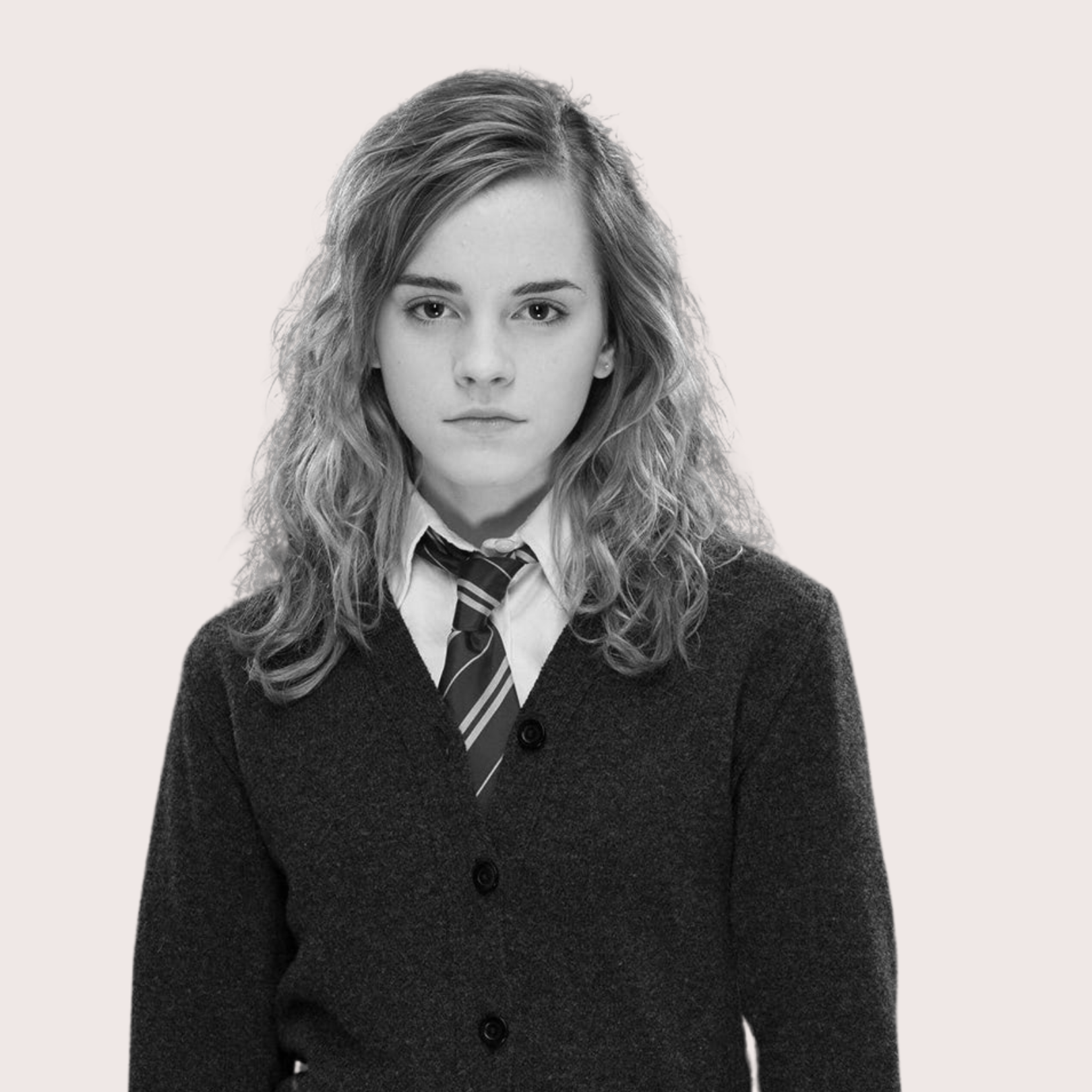 Black and white portrait of a young woman with curly hair, wearing a school uniform including a white shirt, a striped tie, and a dark cardigan. Best confidence self esteem training program for women