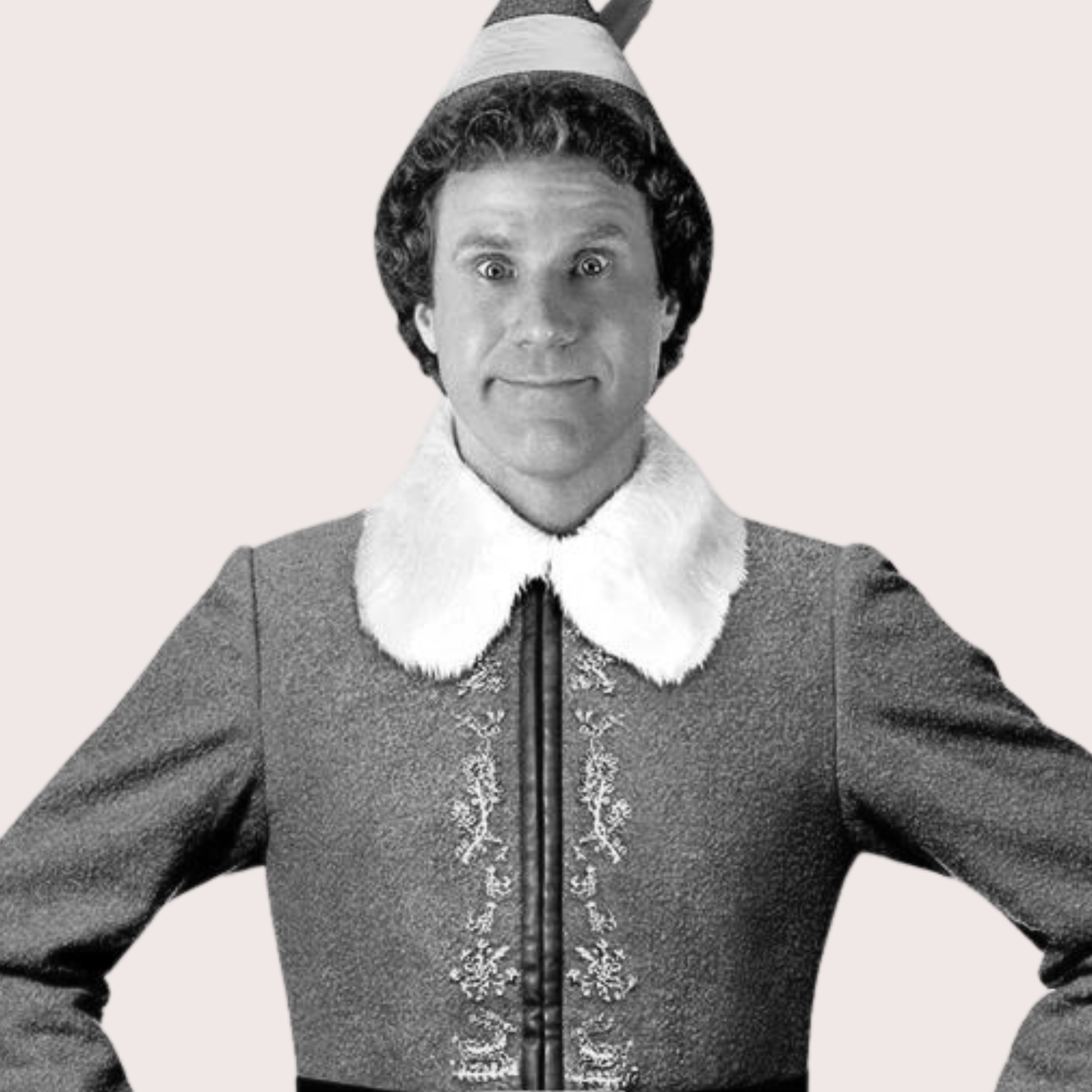 A person with a man's face photoshopped onto the body of an elf, wearing a festive hat, a fur-collared jacket, and standing with hands on hips. confidence program