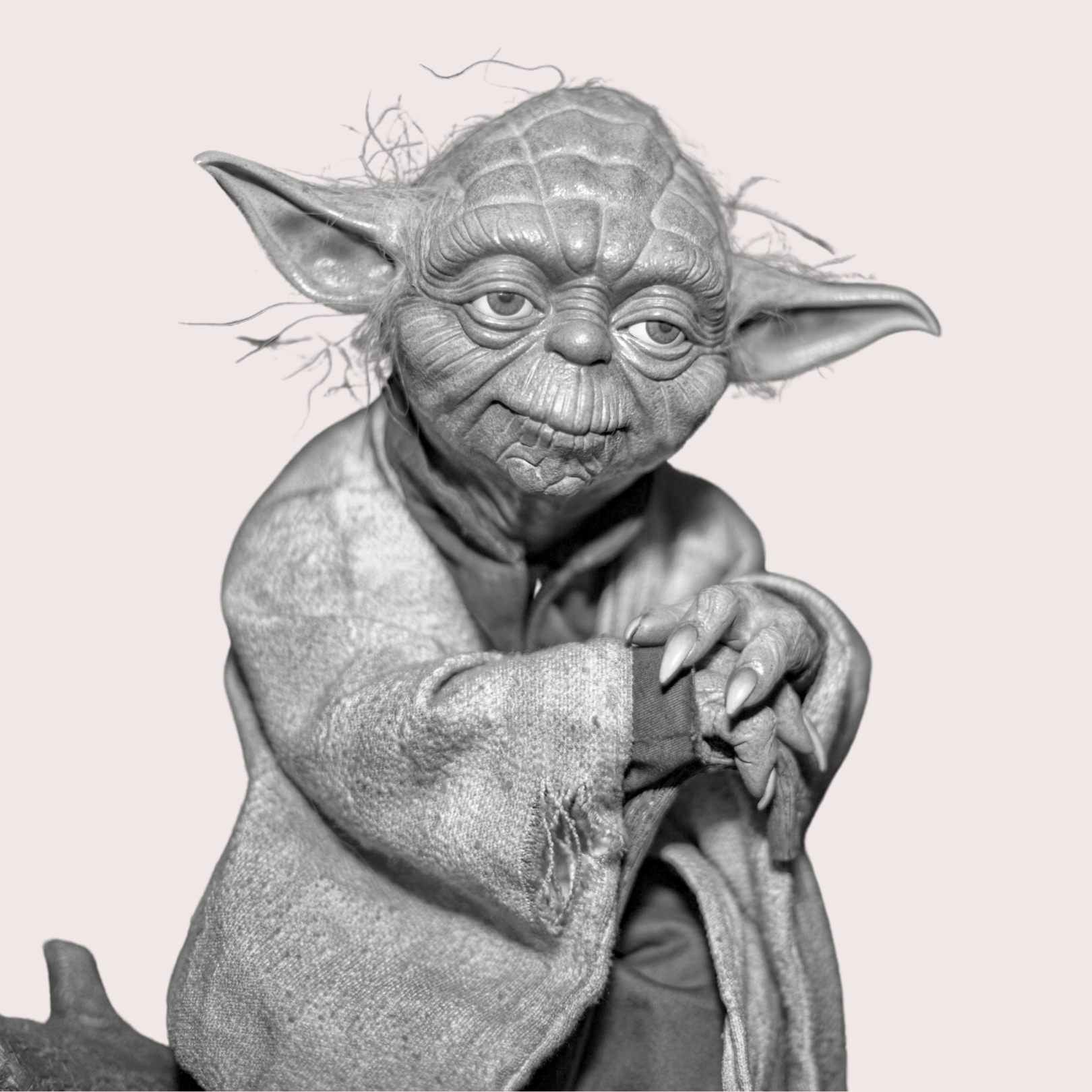 Black and white photo of a person dressed as Yoda from Star Wars, with detailed makeup and costume, standing against a plain background. Best confidence self esteem training program for women