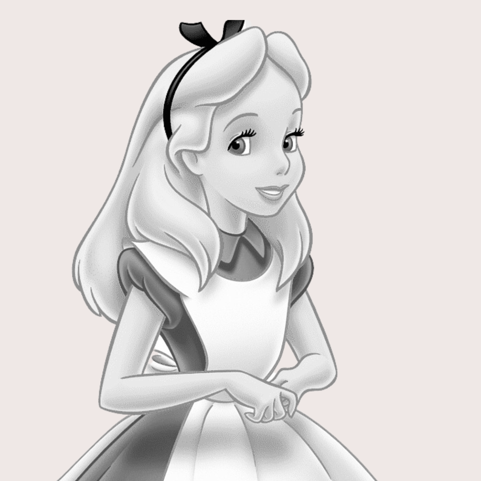 Black and white drawing of a young girl with long hair, wearing a dress with puffed sleeves and a Peter Pan collar, and a headband with a bow. confidence program for women