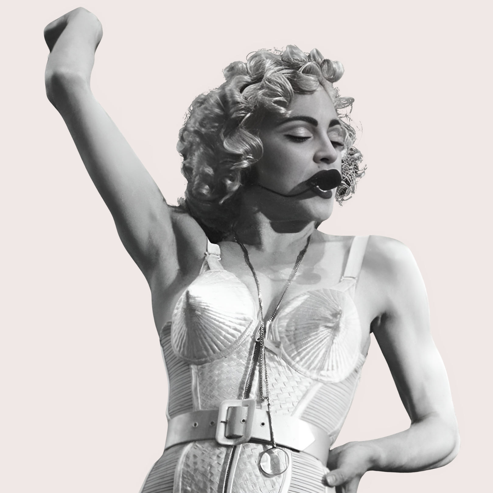 A woman with curly hair wearing a seashell-inspired corset with a zipper, a belt, and a headset microphone. Women’s confidence empowerment training course