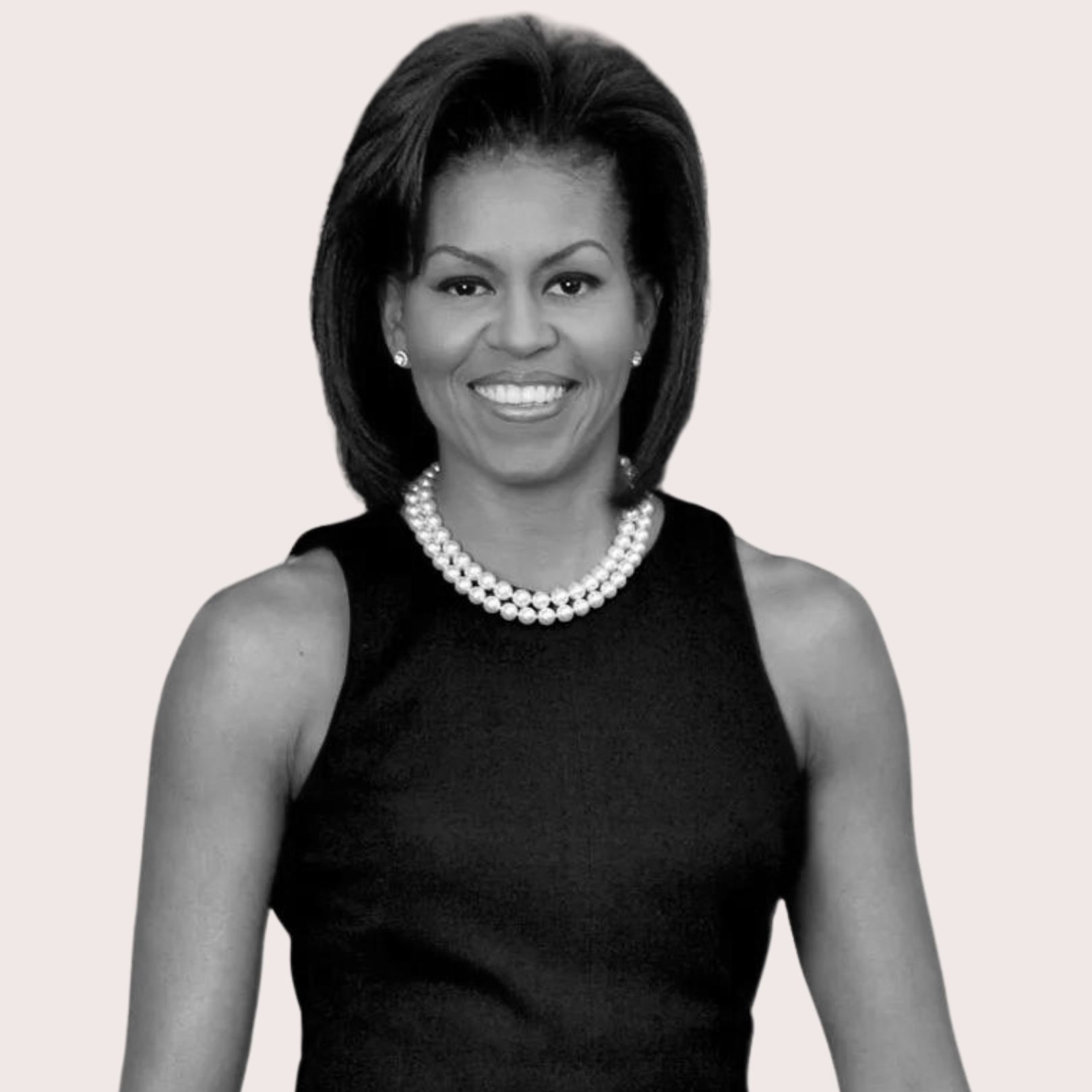 Black and white photo of a woman smiling, wearing a sleeveless black dress, a pearl necklace, and pearl earrings, with her hair styled in a shoulder-length bob. Best confidence self esteem training program for women