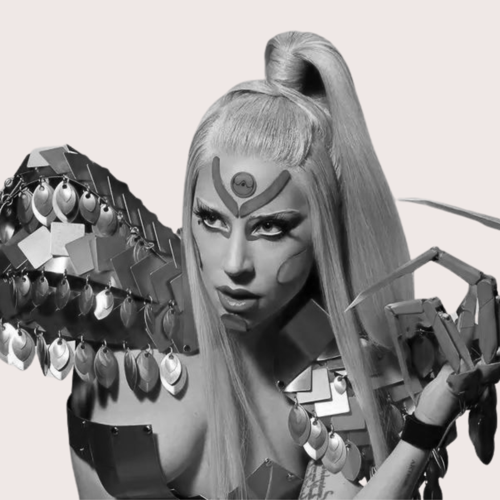 A woman with long hair styled in a high ponytail, with face makeup and painted designs, wearing armor-like accessories. Confidence development and self-esteem courses