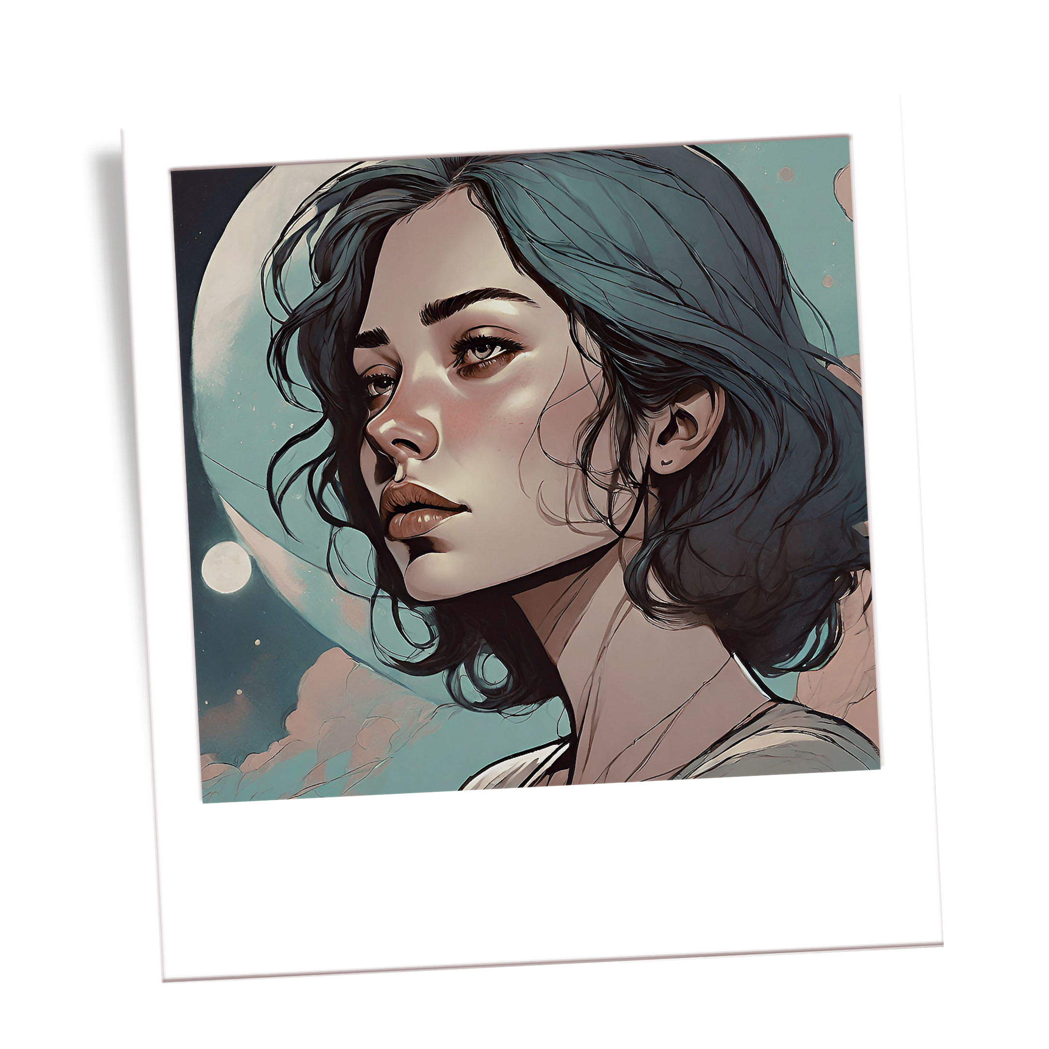 A digitally illustrated portrait of a woman with dark, wavy hair, full lips, and light skin, with moon and clouds in the background. Womens Confidence development and self-esteem courses