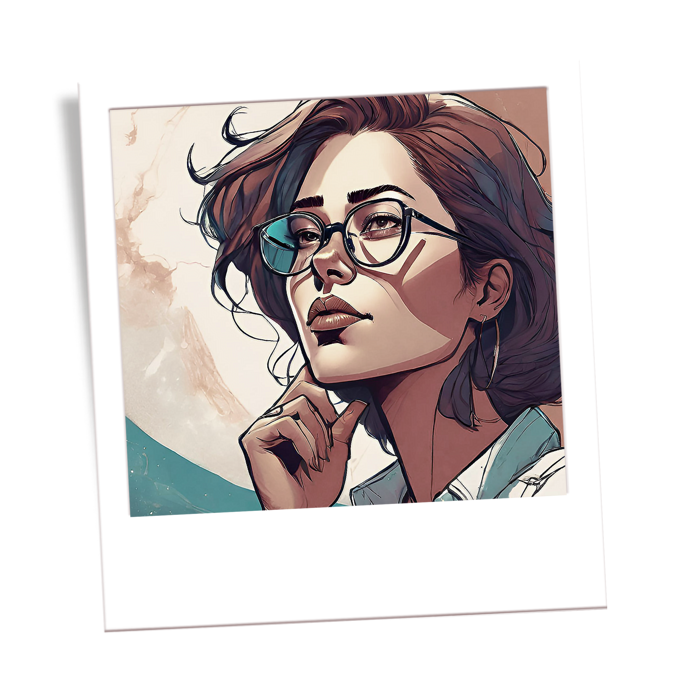 Digital art portrait of a woman with glasses, wavy hair, hoop earrings, and a thoughtful expression, with a moon and mountains in the background. confidence self esteem training program for women
