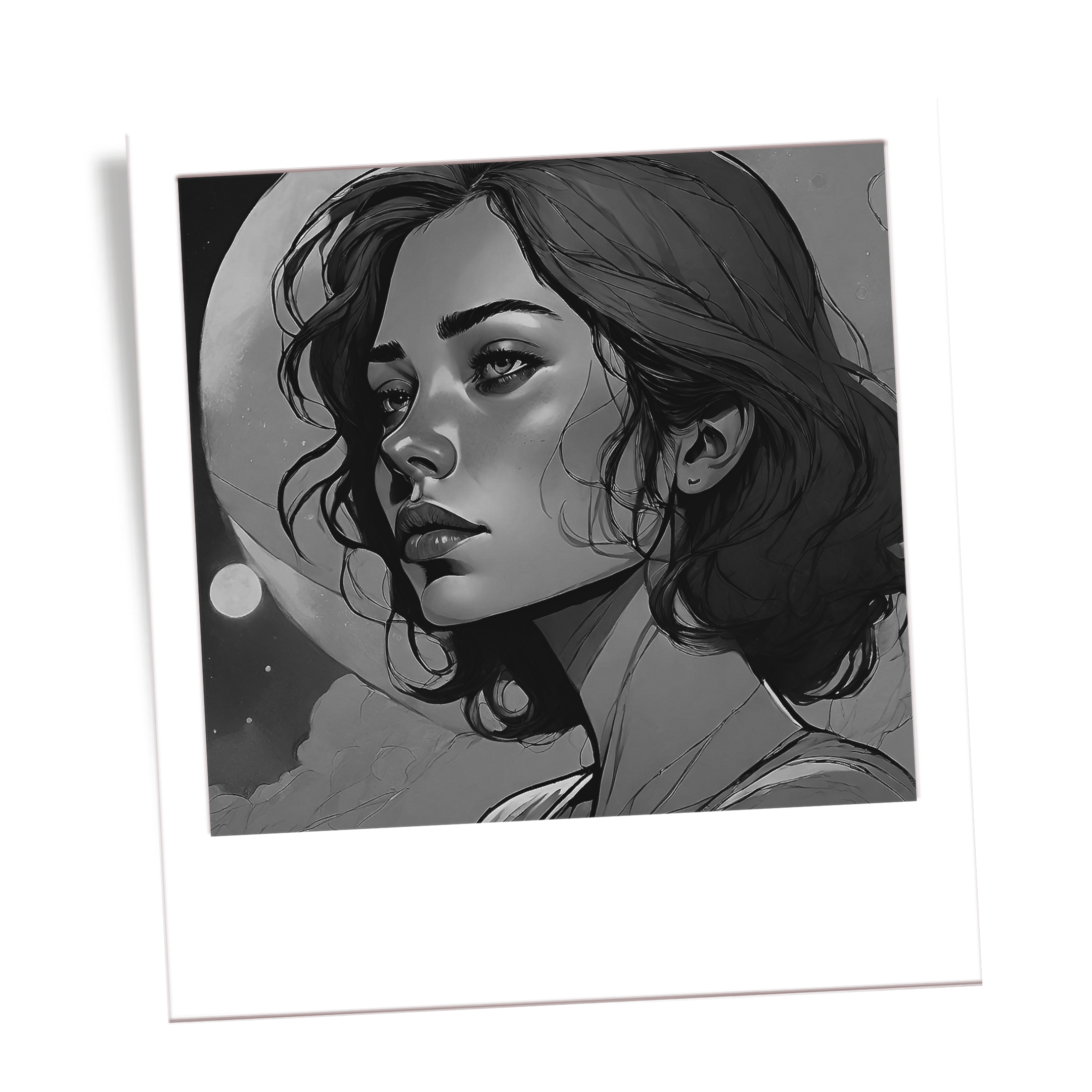 Black and white digital portrait of a woman with wavy hair and a serious expression, with a moonlit sky in the background. Confidence development and self-esteem courses