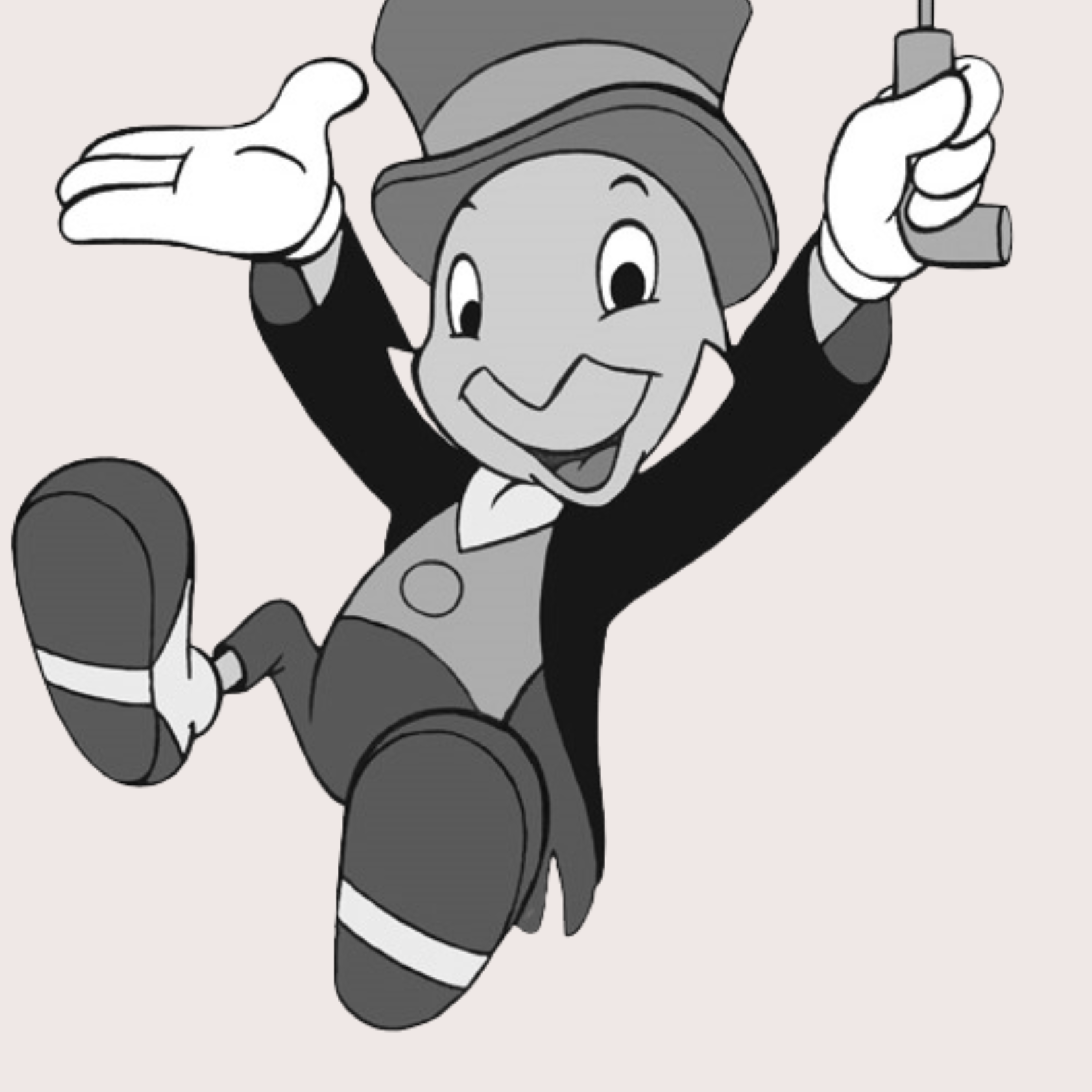 Black and white cartoon of Pinocchio jumping with a big smile, wearing a top hat, bow tie, and holding a hammer in one hand. Best confidence self esteem training program for women