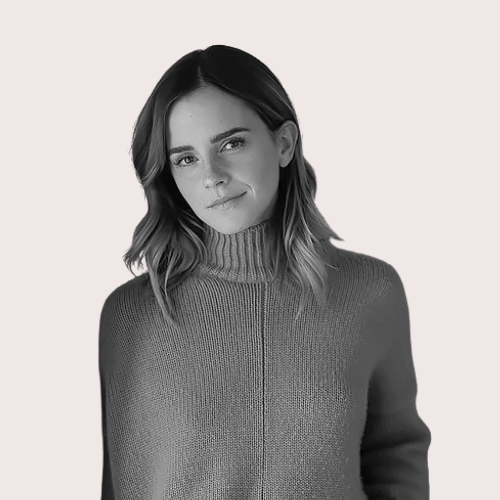 Black and white portrait of a woman with shoulder-length wavy hair wearing a zip-up turtleneck sweater, looking at the camera with a slight smile. Confidence development and self-esteem courses